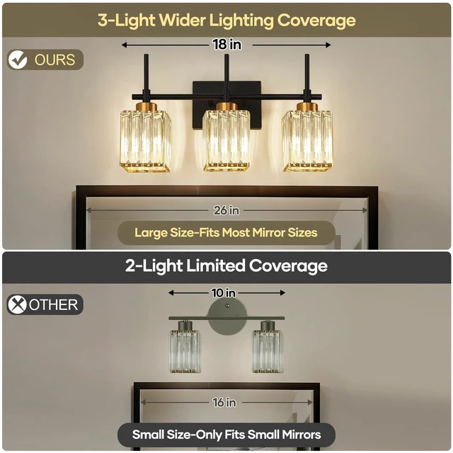 Alt view image 2 of 7 - Modern Crystal 3-Light Vanity Lights for Bathroom Gold Bathroom Lights Over Mirror Black and Gold Vanity Lighting Fixtures Square Shade Brass Wall Sconce (Bulbs Not Include)