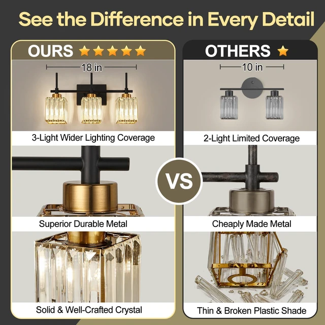 Alt view image 3 of 7 - Modern Crystal 3-Light Vanity Lights for Bathroom Gold Bathroom Lights Over Mirror Black and Gold Vanity Lighting Fixtures Square Shade Brass Wall Sconce (Bulbs Not Include)