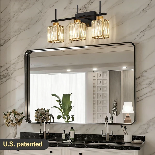 Alt view image 4 of 7 - Modern Crystal 3-Light Vanity Lights for Bathroom Gold Bathroom Lights Over Mirror Black and Gold Vanity Lighting Fixtures Square Shade Brass Wall Sconce (Bulbs Not Include)
