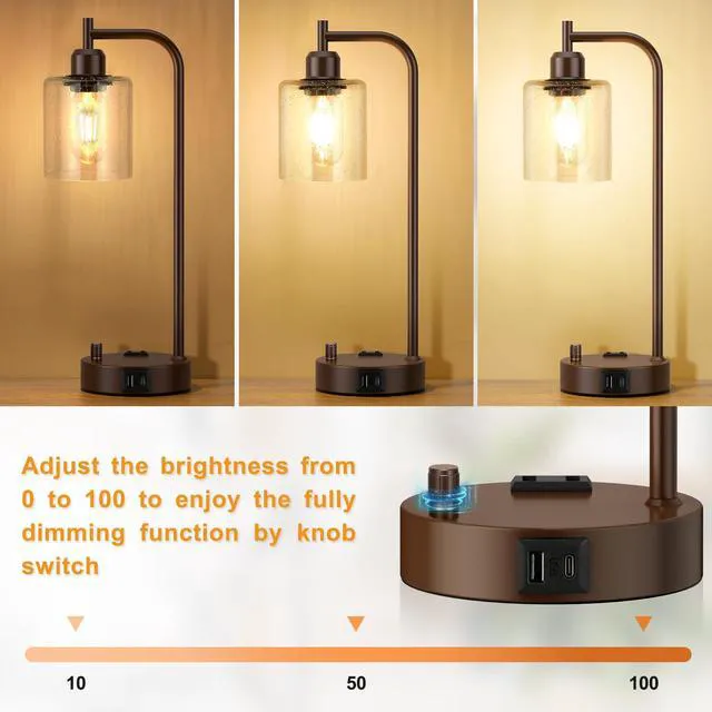 Alt view image 2 of 7 - Industrial Table Lamps for Bedrooms Set of 2 - Fully Dimmable Bedside Lamps with USB Ports and Outlet, Brown Nightstand Lamps with Glass Shade for Living Room, Desk Lamps for Office Reading