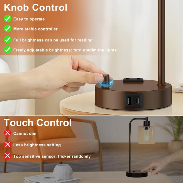 Alt view image 4 of 7 - Industrial Table Lamps for Bedrooms Set of 2 - Fully Dimmable Bedside Lamps with USB Ports and Outlet, Brown Nightstand Lamps with Glass Shade for Living Room, Desk Lamps for Office Reading