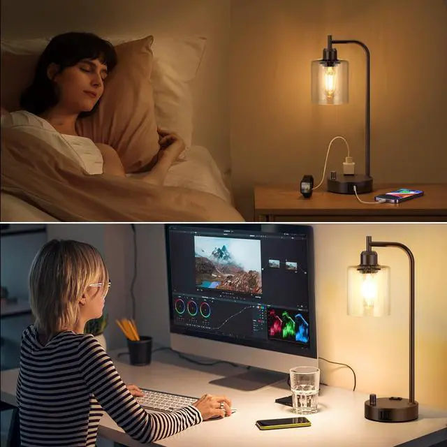 Alt view image 5 of 7 - Industrial Table Lamps for Bedrooms Set of 2 - Fully Dimmable Bedside Lamps with USB Ports and Outlet, Brown Nightstand Lamps with Glass Shade for Living Room, Desk Lamps for Office Reading