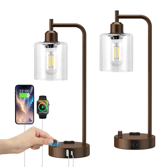 Alt view image 7 of 7 - Industrial Table Lamps for Bedrooms Set of 2 - Fully Dimmable Bedside Lamps with USB Ports and Outlet, Brown Nightstand Lamps with Glass Shade for Living Room, Desk Lamps for Office Reading