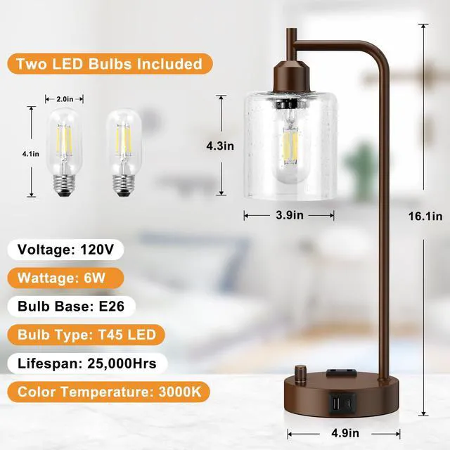 Alt view image 6 of 7 - Industrial Table Lamps for Bedrooms Set of 2 - Fully Dimmable Bedside Lamps with USB Ports and Outlet, Brown Nightstand Lamps with Glass Shade for Living Room, Desk Lamps for Office Reading