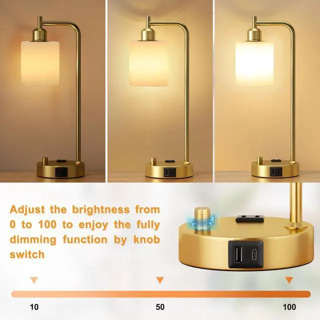 Alt view image 2 of 7 - Industrial Table Lamps for Bedroom Set of 2 - Fully Dimmable Bedside Lamps with USB Ports and Outlet, Gold Nightstand Lamps with Opal Glass Shade for Living Room, Desk Lamps for Office Reading