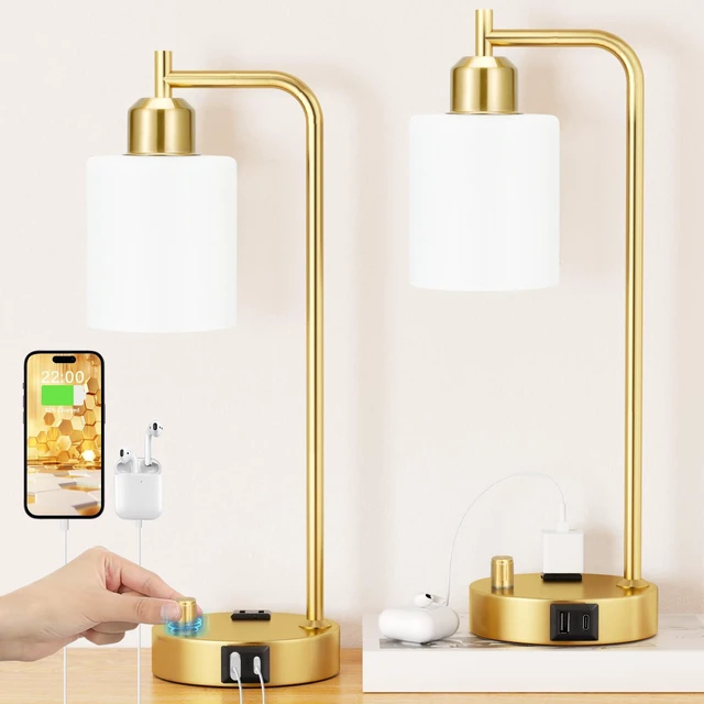 Main image of Industrial Table Lamps for Bedroom Set of 2 - Fully Dimmable Bedside Lamps with USB Ports and Outlet, Gold Nightstand Lamps with Opal Glass Shade for Living Room, Desk Lamps for Office Reading