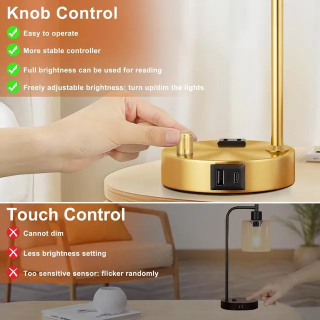 Alt view image 4 of 7 - Industrial Table Lamps for Bedroom Set of 2 - Fully Dimmable Bedside Lamps with USB Ports and Outlet, Gold Nightstand Lamps with Opal Glass Shade for Living Room, Desk Lamps for Office Reading