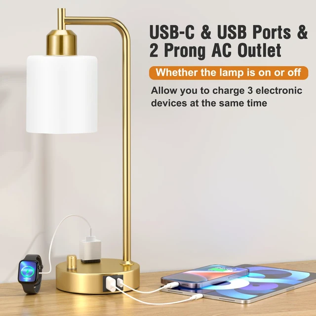 Alt view image 3 of 7 - Industrial Table Lamps for Bedroom Set of 2 - Fully Dimmable Bedside Lamps with USB Ports and Outlet, Gold Nightstand Lamps with Opal Glass Shade for Living Room, Desk Lamps for Office Reading