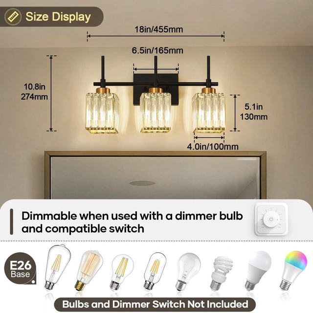 Alt view image 7 of 7 - Modern Crystal 3-Light Vanity Lights for Bathroom Gold Bathroom Lights Over Mirror Black and Gold Vanity Lighting Fixtures Square Shade Brass Wall Sconce (Bulbs Not Include)