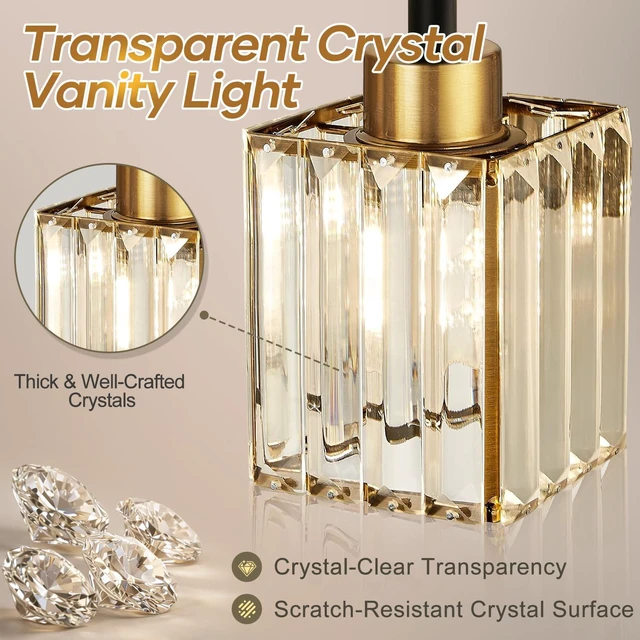 Alt view image 5 of 7 - Modern Crystal 3-Light Vanity Lights for Bathroom Gold Bathroom Lights Over Mirror Black and Gold Vanity Lighting Fixtures Square Shade Brass Wall Sconce (Bulbs Not Include)