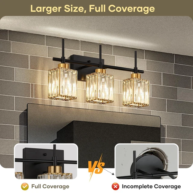 Alt view image 6 of 7 - Modern Crystal 3-Light Vanity Lights for Bathroom Gold Bathroom Lights Over Mirror Black and Gold Vanity Lighting Fixtures Square Shade Brass Wall Sconce (Bulbs Not Include)