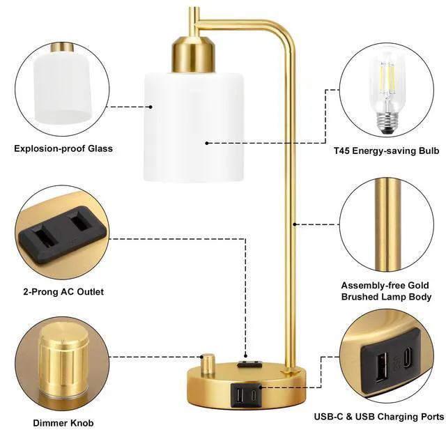 Alt view image 5 of 7 - Industrial Table Lamps for Bedroom Set of 2 - Fully Dimmable Bedside Lamps with USB Ports and Outlet, Gold Nightstand Lamps with Opal Glass Shade for Living Room, Desk Lamps for Office Reading