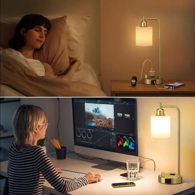 Alt view image 6 of 7 - Industrial Table Lamps for Bedroom Set of 2 - Fully Dimmable Bedside Lamps with USB Ports and Outlet, Gold Nightstand Lamps with Opal Glass Shade for Living Room, Desk Lamps for Office Reading