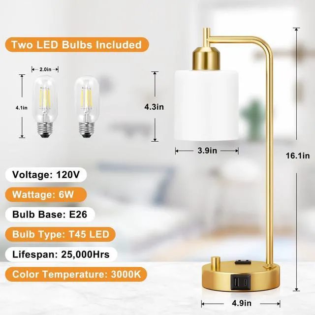 Alt view image 7 of 7 - Industrial Table Lamps for Bedroom Set of 2 - Fully Dimmable Bedside Lamps with USB Ports and Outlet, Gold Nightstand Lamps with Opal Glass Shade for Living Room, Desk Lamps for Office Reading