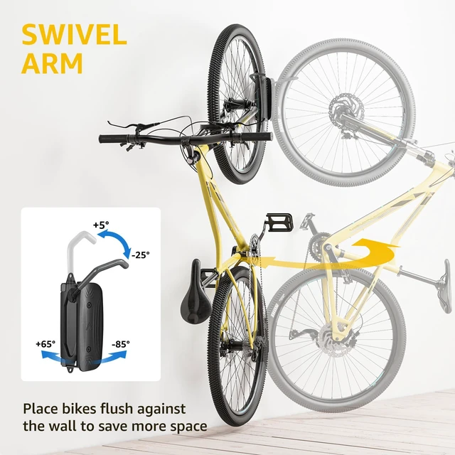 Alt view image 2 of 7 - Swivel Bike Wall Mount, Vertical Bike Rack for Garage, 4 Pack, Grey Space-saving bike hanger with 150° swivel holds 66 lb each; fits tires up to 3.54 in wide; with a rim-safe hook and tire stop