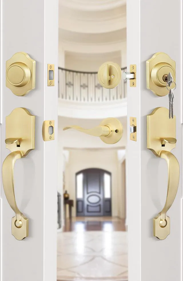 Alt view image 2 of 7 - Double Front Door Lock Set, Gold Double Door Handlewith Dummy, Double Classic Front Door Hardware Set with Reversible Wave Handle Lever, Double Entry Door Lock Set