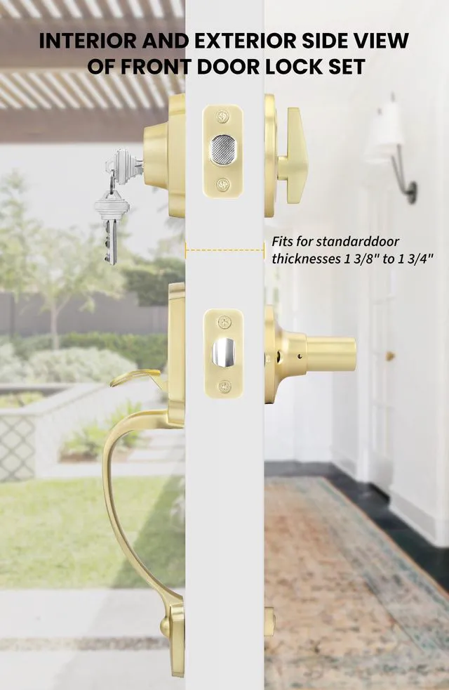 Alt view image 3 of 7 - Front Door Handle and Deadbolt Set, Gold Front Door Lock Set with Reversible Handle Lever, Classic Brass Front Door Hardware, Front Door Handles and Locks