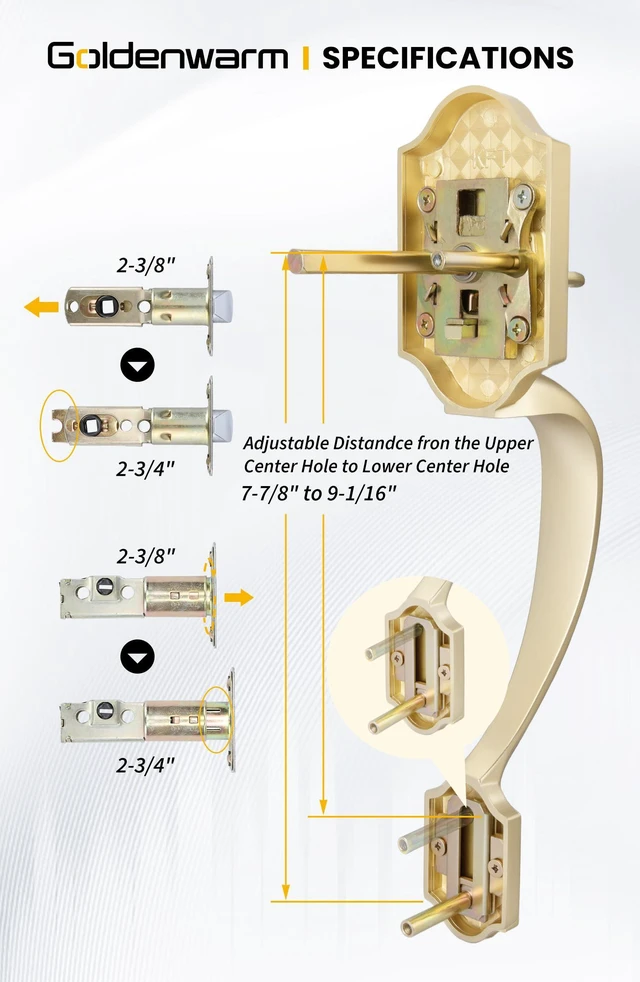 Alt view image 4 of 7 - Front Door Handle and Deadbolt Set, Gold Front Door Lock Set with Reversible Handle Lever, Classic Brass Front Door Hardware, Front Door Handles and Locks