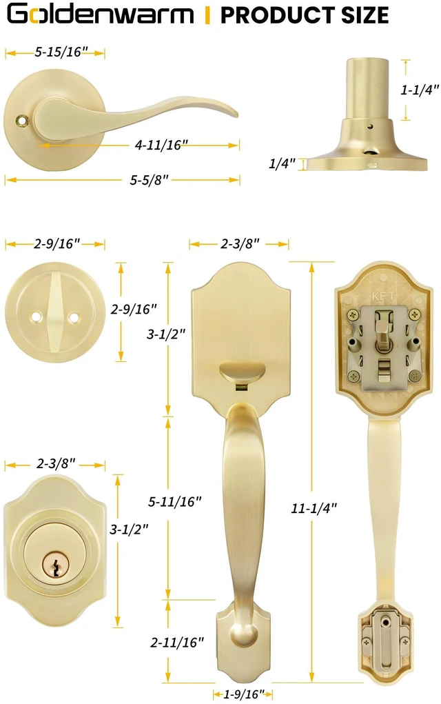 Alt view image 5 of 7 - Front Door Handle and Deadbolt Set, Gold Front Door Lock Set with Reversible Handle Lever, Classic Brass Front Door Hardware, Front Door Handles and Locks