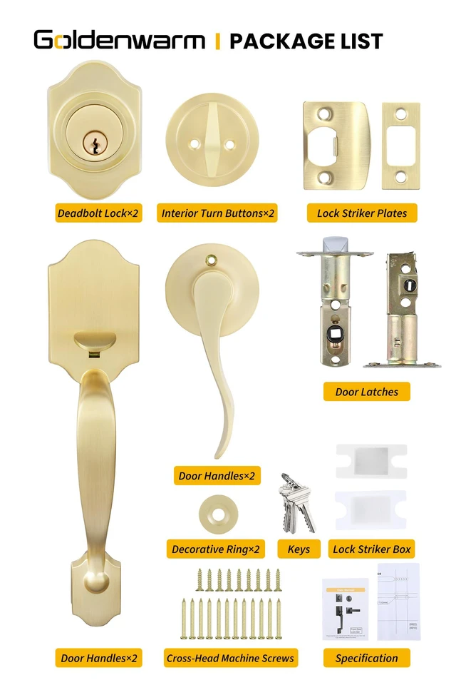 Alt view image 6 of 7 - Double Front Door Lock Set, Gold Double Door Handlewith Dummy, Double Classic Front Door Hardware Set with Reversible Wave Handle Lever, Double Entry Door Lock Set