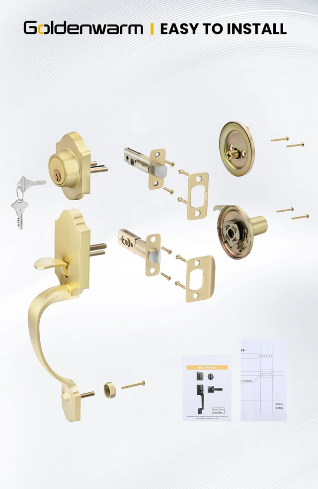 Alt view image 7 of 7 - Front Door Handle and Deadbolt Set, Gold Front Door Lock Set with Reversible Handle Lever, Classic Brass Front Door Hardware, Front Door Handles and Locks
