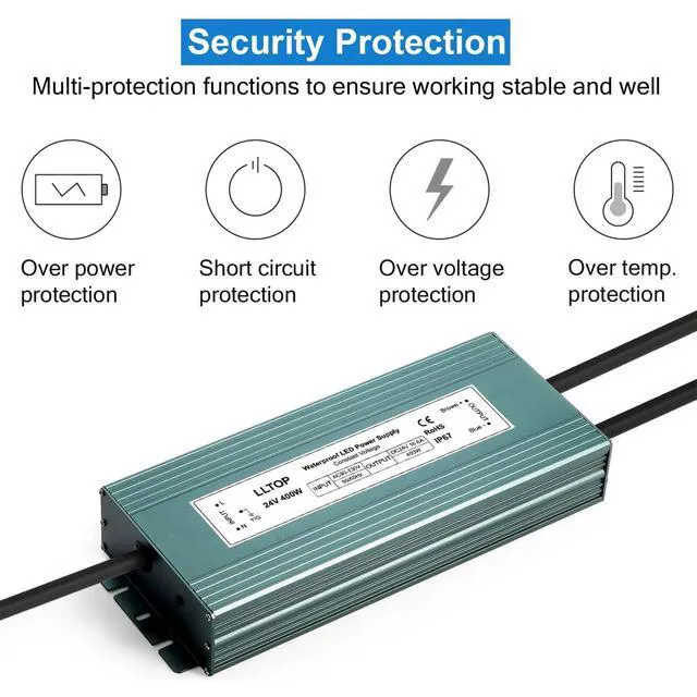 Alt view image 2 of 7 - 24V DC LED Driver Waterproof IP67 Power Supply 400W 16.6A AC100-264V Input, Ultra Thin, Aluminum Case, LED Low Voltage Transformer, For Indoor Outdoor LED Lights
