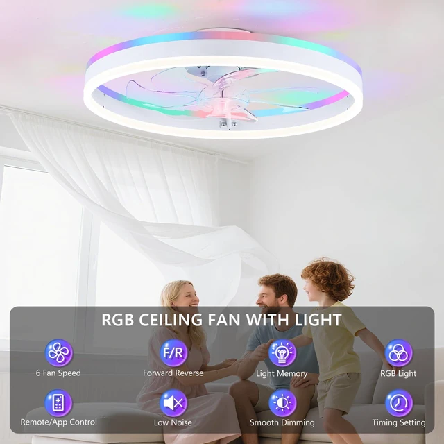 Alt view image 3 of 7 - RGB Ceiling Fan with Light, Low Profile Ceiling Fans, White 20'' Modern Flush Mount Bladeless Fan Light, Remote APP Control, Dimmable, Fandelier for Bedroom, Living Room, Kitchen