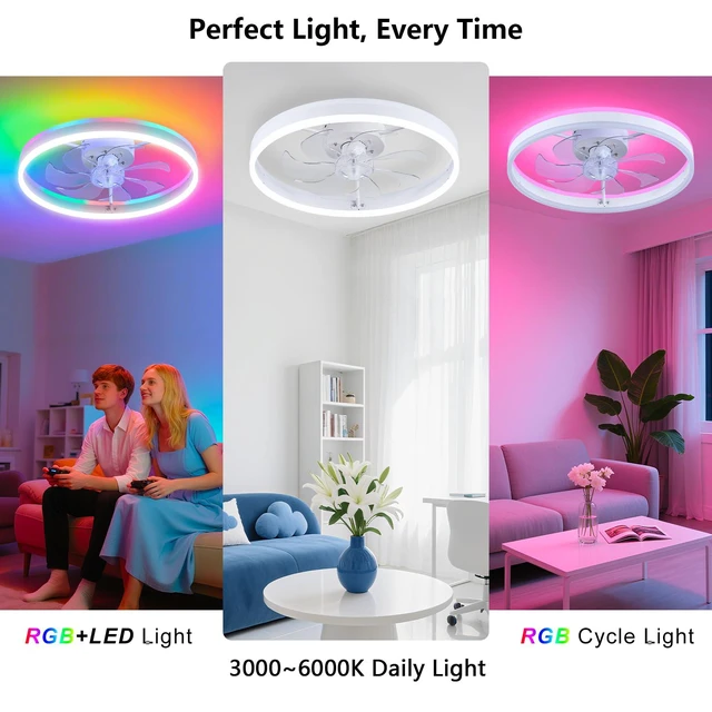 Alt view image 4 of 7 - RGB Ceiling Fan with Light, Low Profile Ceiling Fans, White 20'' Modern Flush Mount Bladeless Fan Light, Remote APP Control, Dimmable, Fandelier for Bedroom, Living Room, Kitchen