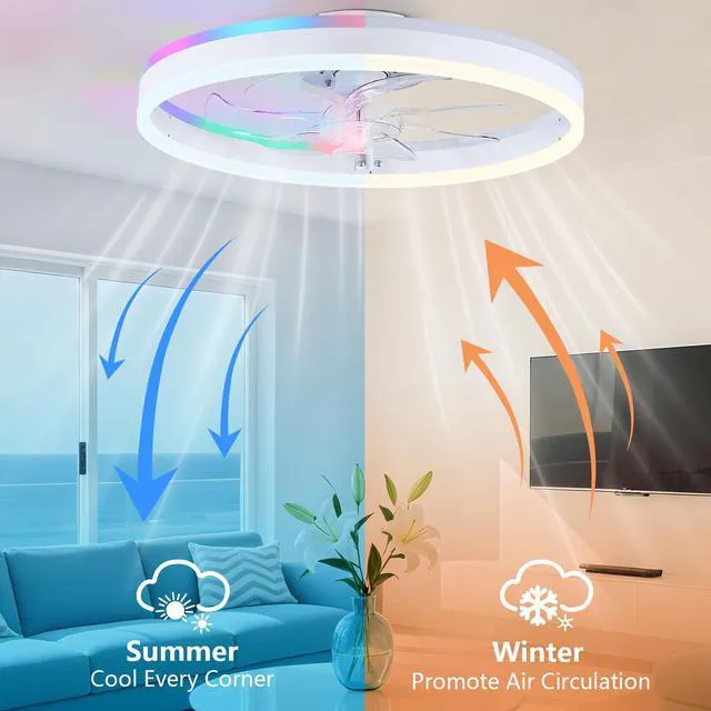 Alt view image 5 of 7 - RGB Ceiling Fan with Light, Low Profile Ceiling Fans, White 20'' Modern Flush Mount Bladeless Fan Light, Remote APP Control, Dimmable, Fandelier for Bedroom, Living Room, Kitchen