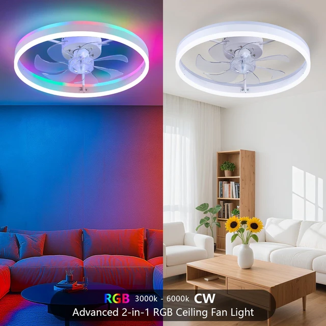Alt view image 6 of 7 - RGB Ceiling Fan with Light, Low Profile Ceiling Fans, White 20'' Modern Flush Mount Bladeless Fan Light, Remote APP Control, Dimmable, Fandelier for Bedroom, Living Room, Kitchen