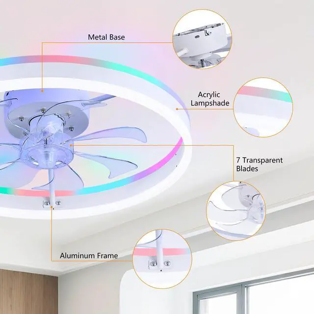Alt view image 7 of 7 - RGB Ceiling Fan with Light, Low Profile Ceiling Fans, White 20'' Modern Flush Mount Bladeless Fan Light, Remote APP Control, Dimmable, Fandelier for Bedroom, Living Room, Kitchen