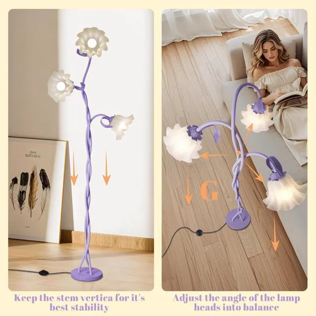 Alt view image 4 of 7 - Flower Standing Lamp for Bedroom, Cute Corner Floor Lamp with Flexible Gooseneck, 3 Light Floor Reading Lamp with 3 Color Temperatures, Bulbs Included, Tall Floor Lamp for Living Room Corner(Purple)