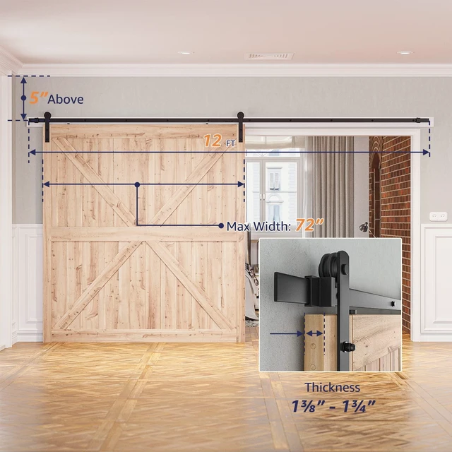 Alt view image 5 of 7 - 12ft Sliding Barn Door Hardware kit, Fit 72" Wide Door Panel Barn Door Track, Sliding Door Hardware kit, Smoothly and Quietly -Heavy Duty Sturdy -Easy to Install, I Shape Hanger