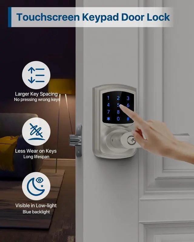 Alt view image 4 of 6 - Keyless Entry Keypad Door Lock with Handle Electronic Lock Deadbolts 2 Pack 20 User Codes & 2keys Passage Vacation Mode Privacy Protection 5S Auto-Lock, Simple 15-min Install Fits Most Standard Doors