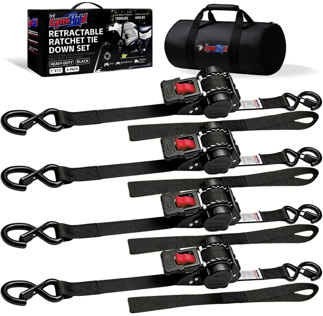 Main image of Retractable Ratchet Straps 1" x 13 Ft, Bolt-On, 1,800 Lbs, Black, 4 Pack Heavy Duty Tie Downs, Auto Self Retracting Design, Secure Cargo, For Trucks, Trailers, Motorcycles, ATVs and UTVs
