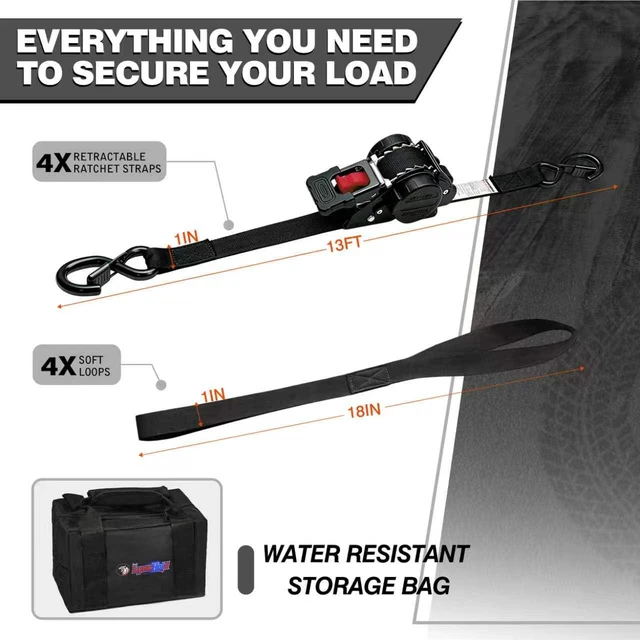 Alt view image 4 of 7 - Retractable Ratchet Straps 1" x 13 Ft, Bolt-On, 1,800 Lbs, Black, 4 Pack Heavy Duty Tie Downs, Auto Self Retracting Design, Secure Cargo, For Trucks, Trailers, Motorcycles, ATVs and UTVs