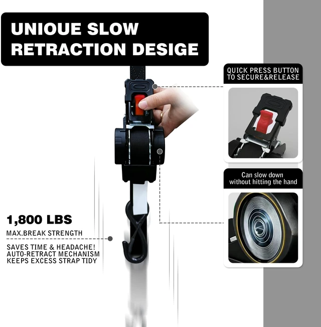 Alt view image 2 of 7 - Retractable Ratchet Straps 1" x 13 Ft, Bolt-On, 1,800 Lbs, Black, 4 Pack Heavy Duty Tie Downs, Auto Self Retracting Design, Secure Cargo, For Trucks, Trailers, Motorcycles, ATVs and UTVs