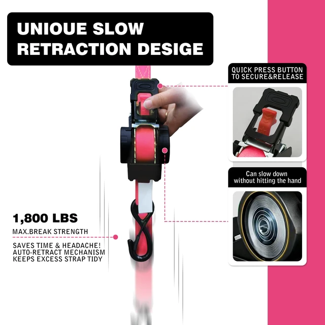 Alt view image 2 of 7 - Retractable Ratchet Straps 1" x 13 Ft, Bolt-On, 1,800 Lbs, 4 Pack Heavy Duty Tie Downs, Auto Retract, Secure Cargo, For Trucks, Trailers, Motorcycles, ATVs and UTVs