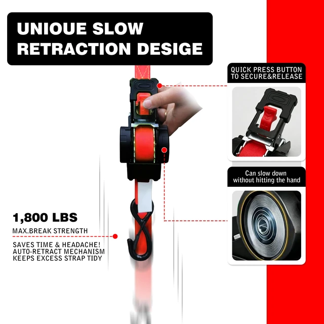 Alt view image 2 of 7 - Retractable Ratchet Straps 1" x 13 Ft, Bolt-On, 1,800 Lbs, 4 Pack Heavy Duty Tie Downs, Auto Retract, Secure Cargo, For Trucks, Trailers, Motorcycles, ATVs and UTVs