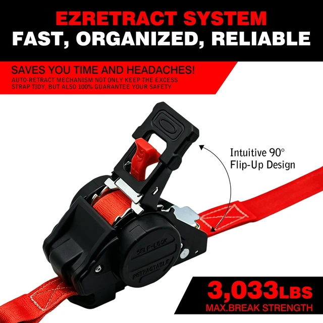Alt view image 4 of 7 - Retractable Ratchet Straps 1" x 13 Ft, Bolt-On, 1,800 Lbs, 4 Pack Heavy Duty Tie Downs, Auto Retract, Secure Cargo, For Trucks, Trailers, Motorcycles, ATVs and UTVs