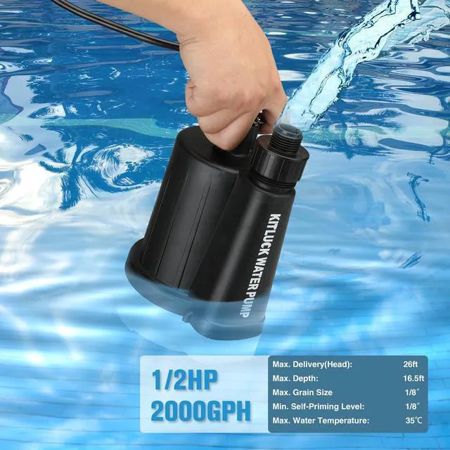 Alt view image 3 of 7 - Submersible Water Pump, 1/2HP Thermoplastic Sump Pump, Portable Utility Pump with 10ft Cord, Hose Adapter, 2000GPH High Flow Water Removal for Swimming Pool, Garden Pond, Flood Basement, Tub