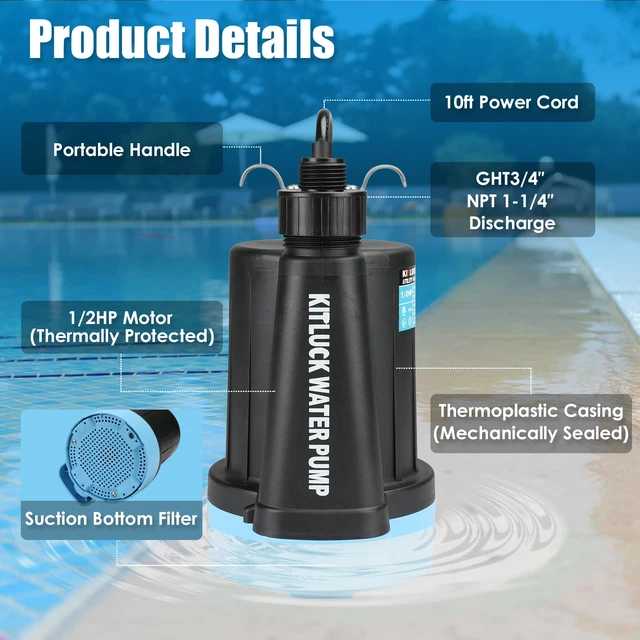Alt view image 2 of 7 - Submersible Water Pump, 1/2HP Thermoplastic Sump Pump, Portable Utility Pump with 10ft Cord, Hose Adapter, 2000GPH High Flow Water Removal for Swimming Pool, Garden Pond, Flood Basement, Tub