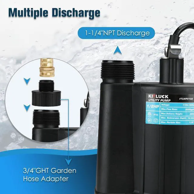 Alt view image 4 of 7 - Submersible Water Pump, 1/2HP Thermoplastic Sump Pump, Portable Utility Pump with 10ft Cord, Hose Adapter, 2000GPH High Flow Water Removal for Swimming Pool, Garden Pond, Flood Basement, Tub