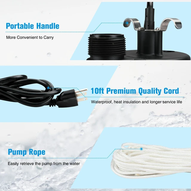 Alt view image 6 of 7 - Submersible Water Pump, 1/2HP Thermoplastic Sump Pump, Portable Utility Pump with 10ft Cord, Hose Adapter, 2000GPH High Flow Water Removal for Swimming Pool, Garden Pond, Flood Basement, Tub