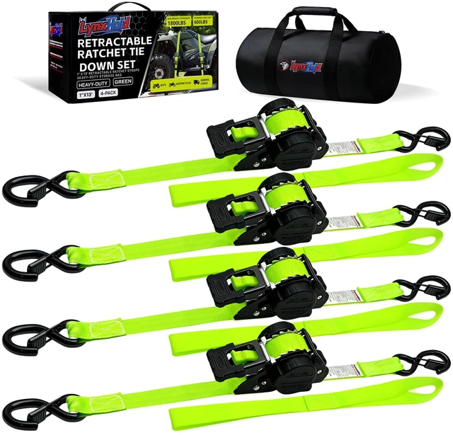 Main image of Retractable Ratchet Straps 1" x 13 Ft, Bolt-On, 1,800 Lbs, Green, 4 Pack Heavy Duty Tie Downs, Auto Self Retracting Design, Secure Cargo, For Trucks, Trailers, Motorcycles, ATVs and UTVs