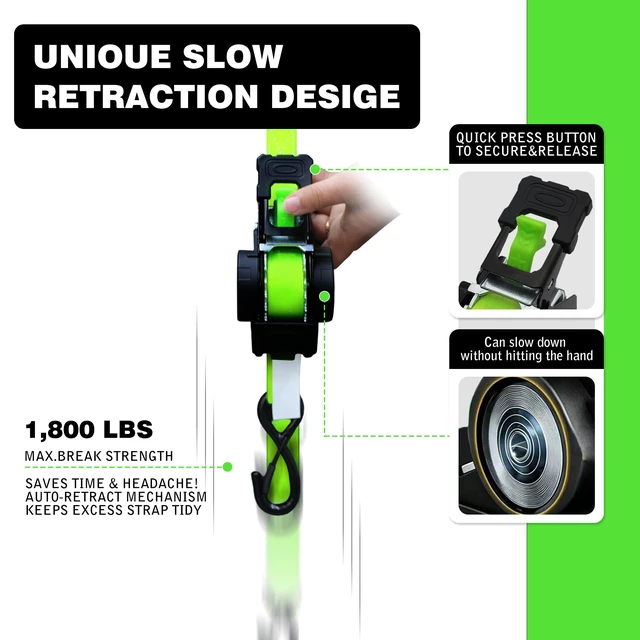 Alt view image 2 of 7 - Retractable Ratchet Straps 1" x 13 Ft, Bolt-On, 1,800 Lbs, Green, 4 Pack Heavy Duty Tie Downs, Auto Self Retracting Design, Secure Cargo, For Trucks, Trailers, Motorcycles, ATVs and UTVs