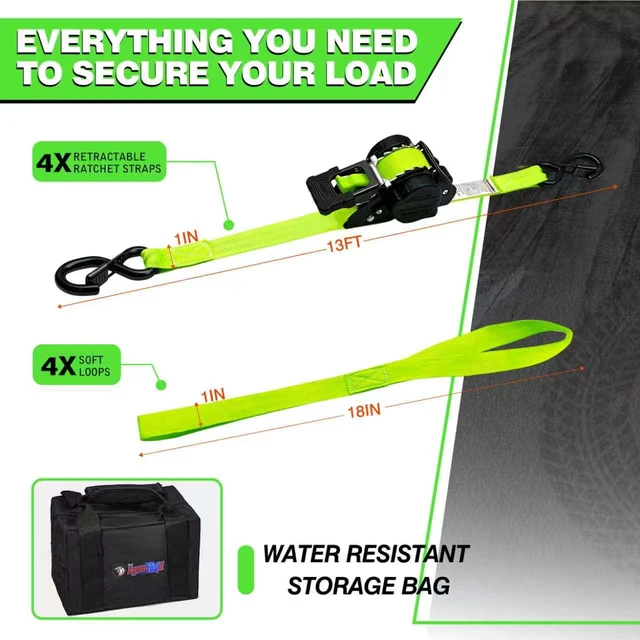 Alt view image 5 of 7 - Retractable Ratchet Straps 1" x 13 Ft, Bolt-On, 1,800 Lbs, Green, 4 Pack Heavy Duty Tie Downs, Auto Self Retracting Design, Secure Cargo, For Trucks, Trailers, Motorcycles, ATVs and UTVs