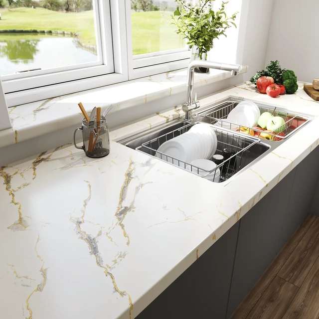 Alt view image 2 of 7 - Marble Contact Paper 160 x 36 Inch Wide White and Gold Marble Countertop Peel and Stick Waterproof Contact Paper Marble Wallpaper Peel and Stick for Wall Countertops Desk Removable Vinyl Roll