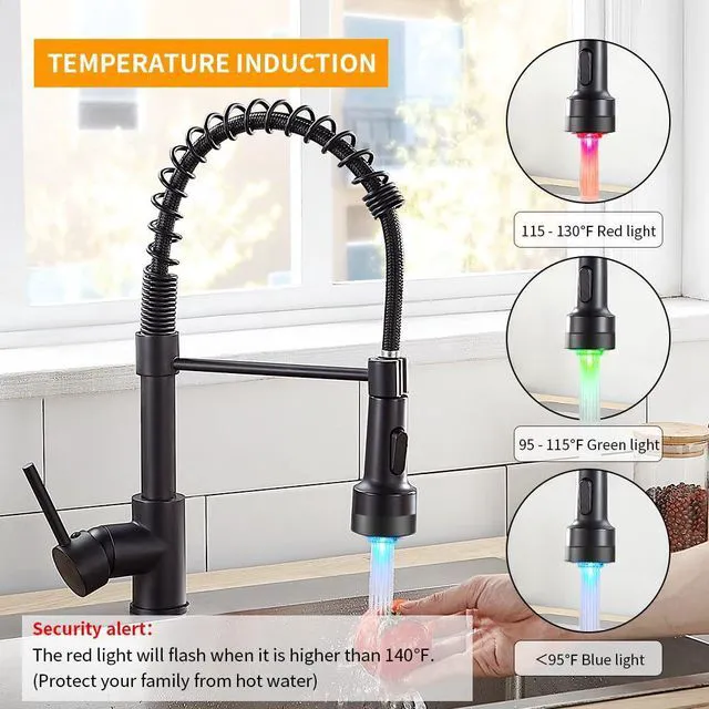 Alt view image 2 of 7 - Kitchen Faucet with Pull Down LED Light Sprayer Black Stainless Steel NSF Certified,1 Handle Faucet,Farmhouse Camper Laundry Utility Rv Wet Bar Sinks,Deck Plate 1,3 Hole