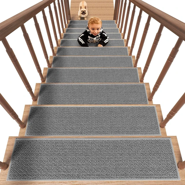 Main image of Non Slip Stair-Treads, Rubber Backing Stair-Runners for Wooden Steps 15PCS Residue Free Carpet Stair Treads for Kids and Dogs 8"x30" Grey